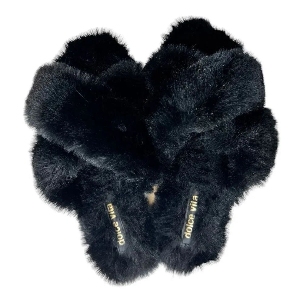 Dolce Vita Women's Faux Fur Fuzzy Criss Cross Band Slide Slippers Black Size 7